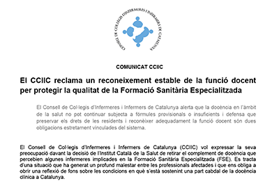 COMUNICAT. El CCIIC reclama un reconeixement estable de la funció docent per protegir la qualitat de la Formació Sanitària Especialitzada