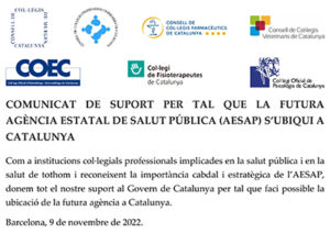 Comunicat de suport per tal que la futura Agencia Estatal de Salut Pública (AESAP) s’ubiqui a Catalunya